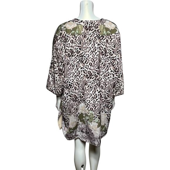 Leopard Print Floral Kimono Cardigan Cover Up Open Front Boho Beach Wrap Medium - Picture 5 of 6